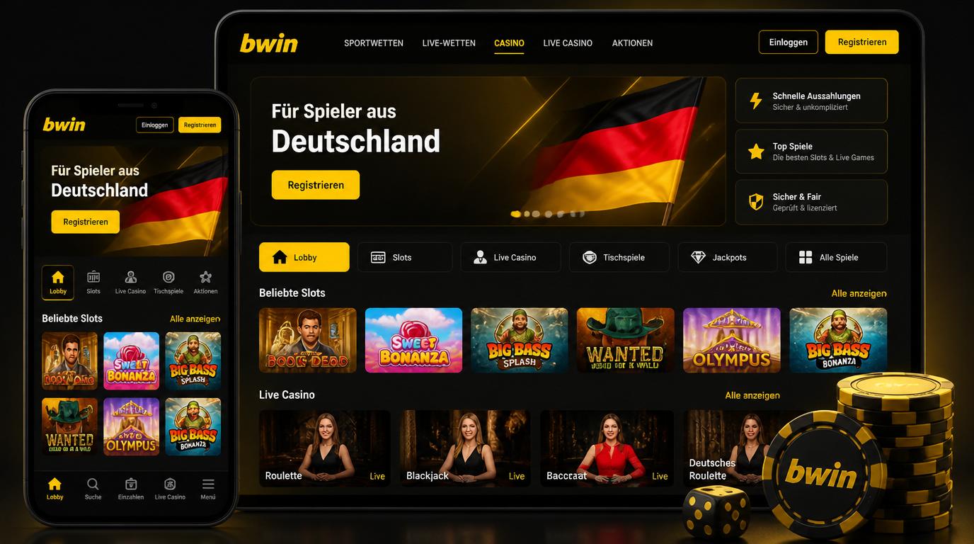 Spieler‐Blick auf Lobby mit Slots &amp, Live-Casino in deutschsprachigem Interface.