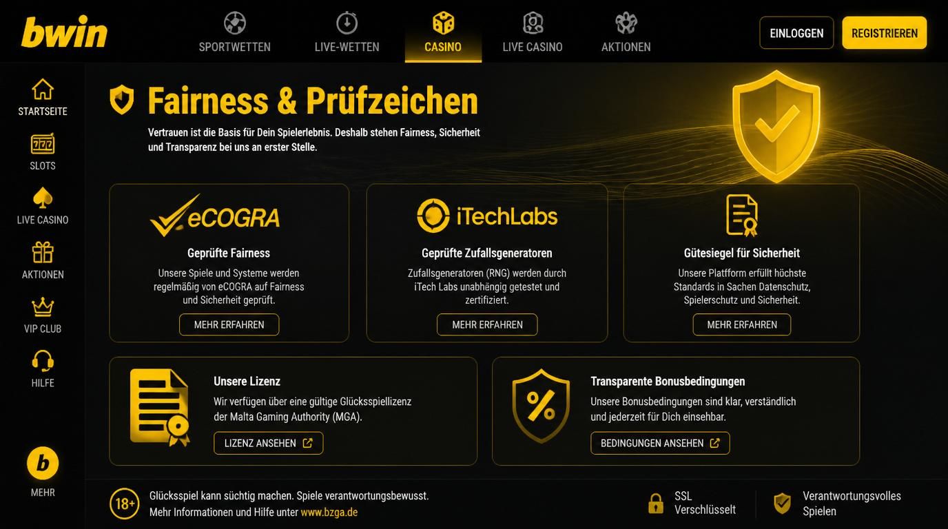 Symbole für Vertrauen, Prüfzeichen und faire Bedingungen.